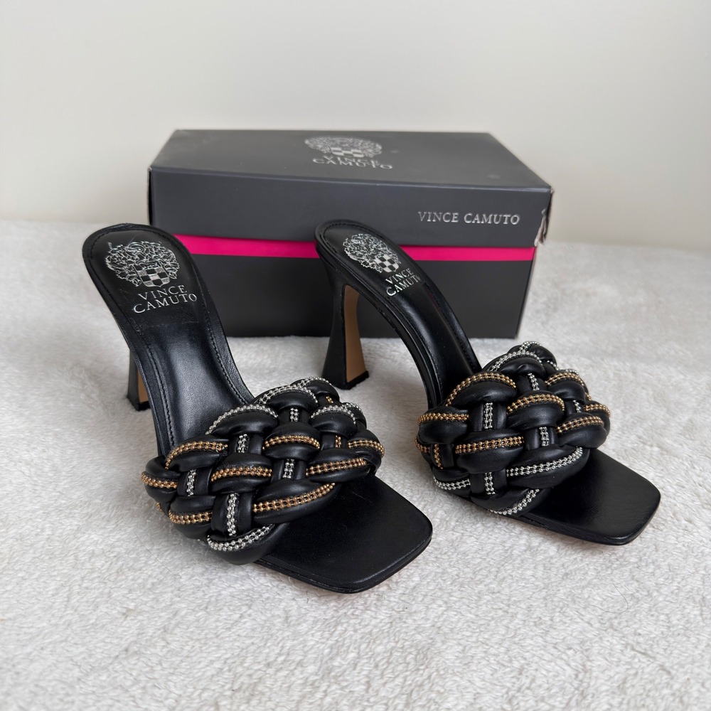 Vince Camuto Rayley Black Braided Chain Square Toe Heeled Sandals Womens 7.5 NEW